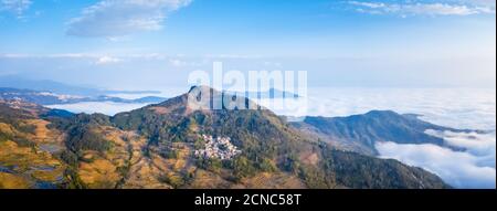 panoramic view of terraced fields and village Stock Photo