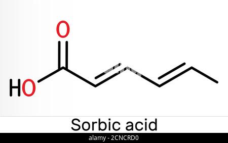 Sorbic acid, 2,4-hexadienoic acid, E200 molecule. It is hexadienoic and ...