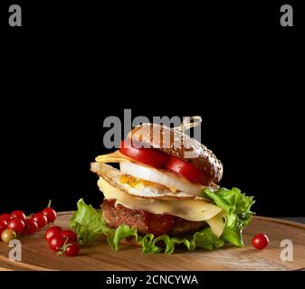 delicious burger with meat cutlet, cheese, fried egg, tomatoes, cucumber slices and green lettuce, f Stock Photo