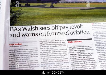 'BA's Walsh sees off pay revolt and warns on future of aviation' Guardian newspaper headline inside page article 9 September 2020 London UK Stock Photo