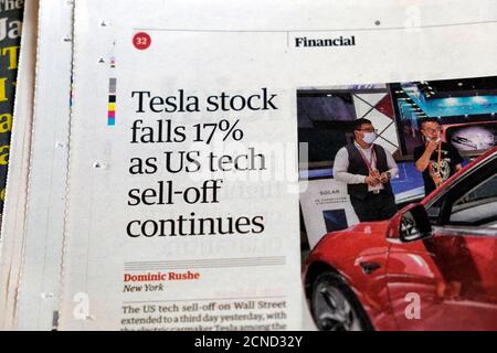 'Tesla stock falls 17% as US tech sell-off continues' Guardian inside page newspaper headline 8 September 2020 London England UK Stock Photo