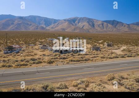 DUNMOVIN, CALIFORNIA, UNITED STATES - Sep 12, 2020: An aerial drone photograph of the ghost town of Dunmovin in Inyo County along Highway 395. Stock Photo