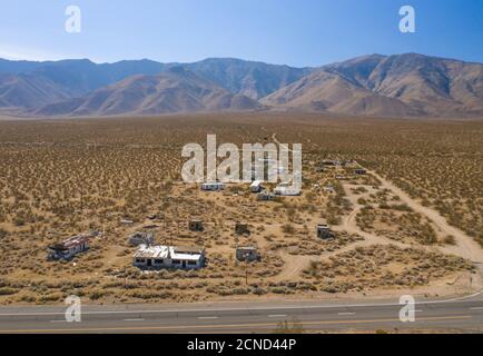DUNMOVIN, CALIFORNIA, UNITED STATES - Sep 12, 2020: An aerial photograph of the ghost town of Dunmovin along California's eastern Sierra. Stock Photo
