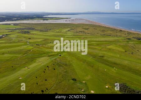 Aerial view of Gullane golf courses, Gullane 1 & 2, Gullane hill, East Lothian, Scotland. Stock Photo