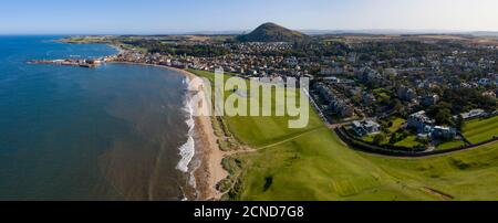 Aerial panoramic view of the West Links and town centre, North Berwick, East Lothian, Scotland. Stock Photo