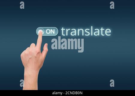 Translator startup concept with hand turn on. Stock Photo