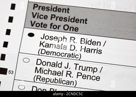 Madison, Wisconsin, USA - September 17, 2020: A 2020 presidential election voting ballot marked to vote for Joseph R. Biden for President up close. Stock Photo