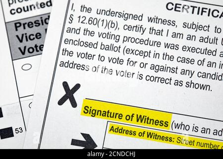 Madison, Wisconsin, USA - September 17, 2020: A 2020 presidential election voting ballot highlighting the required witness signature for absentee voti Stock Photo