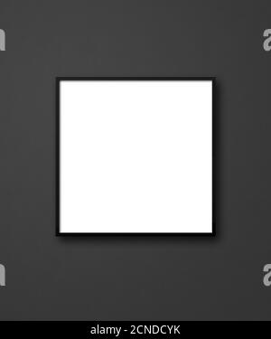 Blank square picture frame hanging on a black wall. Presentation mockup ...