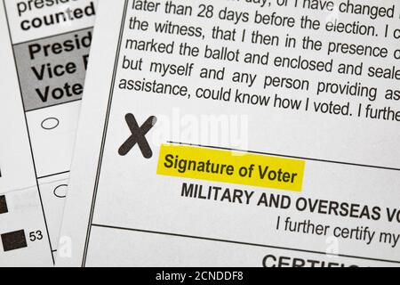 Madison, Wisconsin, USA - September 17, 2020: A 2020 presidential election voting ballot highlighting the required signature for absentee voting. Stock Photo