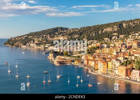 Elevated view from the Basse Corniche over Villefranche sur Mer, Alpes Maritimes, Cote d'Azur, French Riviera, Provence, France, Mediterranean, Europe Stock Photo