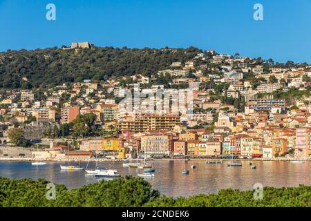 View from to the old town and Mont Alban fortress, Villefranche sur Mer, Alpes Maritimes, Cote d'Azur, French Riviera, Provence, France, Mediterranean Stock Photo