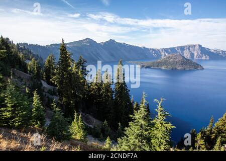 Wizard Island in Crater Lake, the deepest lake in the United States, Crater Lake National Park, Oregon, United States of America Stock Photo