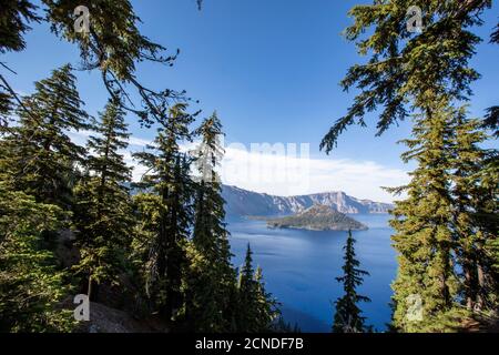 Wizard Island in Crater Lake, the deepest lake in the United States, Crater Lake National Park, Oregon, United States of America Stock Photo