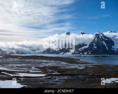 Snow-covered mountains and glaciers in King Haakon Bay, South Georgia, Polar Regions Stock Photo