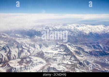Aerial view of the snow-capped Andes Mountain Range, Chile Stock Photo