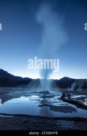 Pre-dawn light on the Geysers del Tatio (El Tatio), the third largest geyser field in the world, Andean Central Volcanic Zone Stock Photo