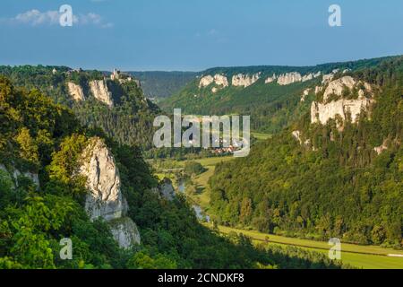 View from Eichfelsen rock to Werenwag castle, Upper Danube Valley, Swabian Jura, Baden-Wurttemberg, Germany, Europe Stock Photo