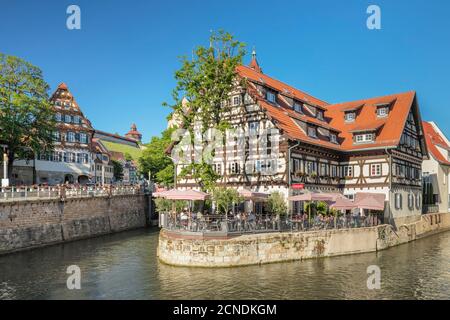 View over Wehrneckarkanal chanel to St. Dionys church, Esslingen am Neckar, Baden-Wuerttemberg, Germany, Europe Stock Photo