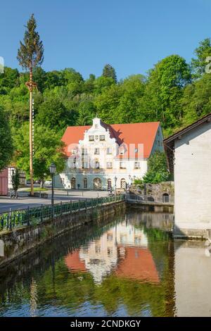 Town hall reflecting in Brenz River, Koenigsbronn, Swabian Jura, Baden-Wuerttemberg, Germany, Europe Stock Photo