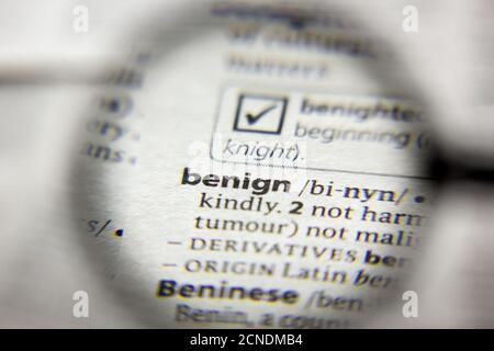 The word or phrase Benign in a dictionary Stock Photo