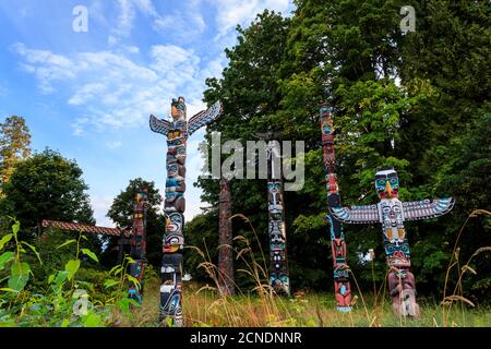 First Nation Totem Poles, Brockton Point, Stanley Park, autumn, Vancouver City, British Columbia, Canada Stock Photo