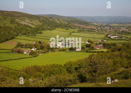 A view across countyside from Crook Peak along the southern slopes of the Mendip Hills, near Cheddar, Somerset, England, United Kingdom, Europe Stock Photo