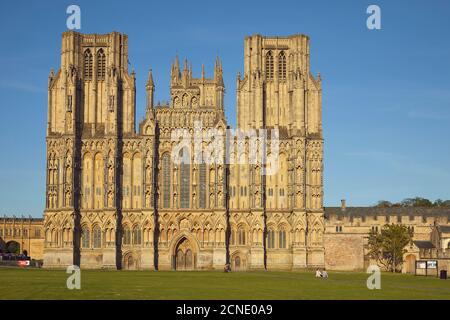 The historic western facade of Wells Cathedral, with its twin square towers, in Wells, Somerset, England, United Kingdom, Europe Stock Photo