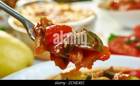Cannazzo Baked Mediterranean vegetables, Sicilian cuisine, Traditional assorted Italy dishes, Top view. Stock Photo