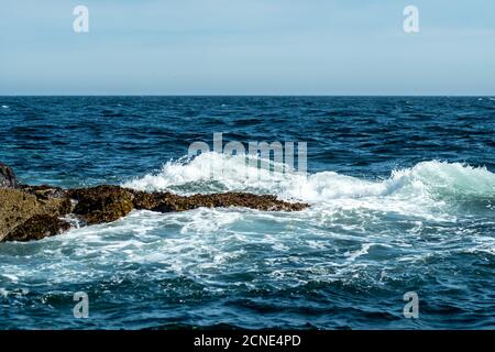 Waves crash on rocks on the shoreline off the Eastern coast of Scotland Stock Photo