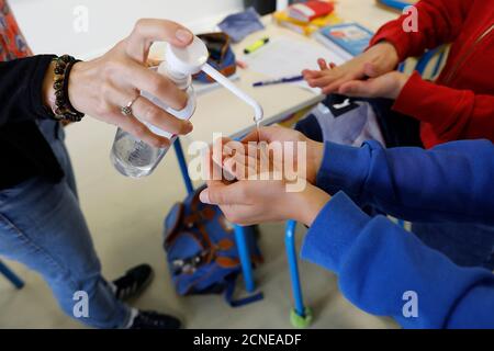 Hand sanitizer in Primary school in Montrouge after lockdown, France, Europe Stock Photo