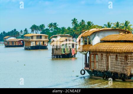 Kerala houseboats cruising Lake Vembanad, longest lake in India, during a backwater tour, Alappuzha (Alleppey), Kerala, India, Asia Stock Photo