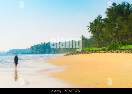 Lone traveller on lovely palm-fringed Kizhunna Beach, south of Kannur on Kerala's north coast, Kizhunna, Kannur, Kerala, India, Asia Stock Photo