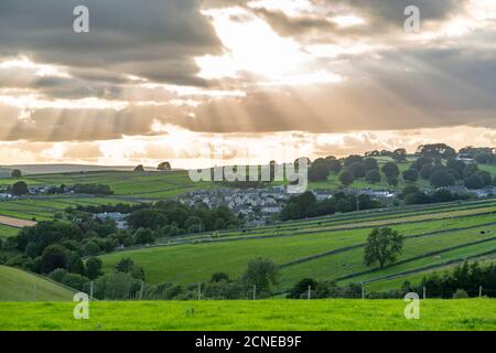 View of Tideswell and countryside near Litton, Peak District National Park, Derbyshire, England, United Kingdom, Europe Stock Photo