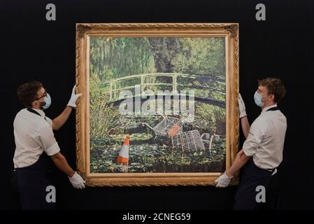 London, UK. 18th Sep, 2020. Embargoed until 13:30 BST Friday September 18 2020. Banksy's 'Show me the Monet' on display at Sotheby's in Central London, UK on September 18, 2020. Banksy's contemporary take on Claude Monet's depiction of the Japanese bridge in his garden at Giverny will be part of Sotheby's live-streamed auction on October 21, 2020. (Photo by Claire Doherty/Sipa USA) Credit: Sipa USA/Alamy Live News Stock Photo