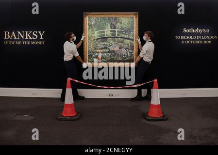 London, UK. 18th Sep, 2020. Embargoed until 13:30 BST Friday September 18 2020. Banksy's 'Show me the Monet' on display at Sotheby's in Central London, UK on September 18, 2020. Banksy's contemporary take on Claude Monet's depiction of the Japanese bridge in his garden at Giverny will be part of Sotheby's live-streamed auction on October 21, 2020. (Photo by Claire Doherty/Sipa USA) Credit: Sipa USA/Alamy Live News Stock Photo
