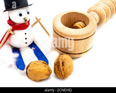 Snowman with Nutcracker Isolated on White Background Stock Photo