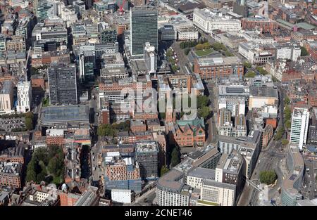 aerial view of Manchester city centre from the south east looking up Chorlton Street towards City Tower & Piccadilly Gardens. Sept 2020 Stock Photo