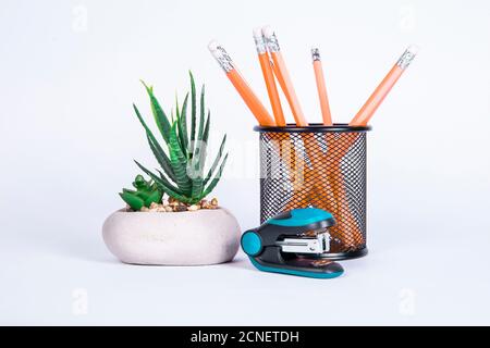 Office or school, education equipment isolated on white. Business worklpace objects. Stock Photo