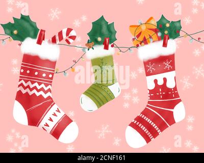 Hand-draw illustration of three winter socks hanging on Christmas decoration