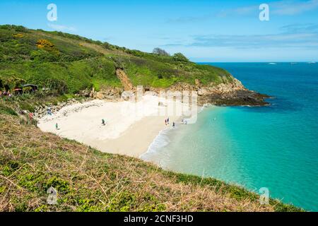 Belvoir Bay is a small secluded sandy cove on the east coast of Herm Island, Guernsey, Channel Islands, UK. Stock Photo