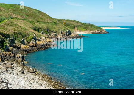 View of the east coast of Herm Island, including Belvoir Bay and distant Shell Beach.  Guernsey, Channel Islands, UK. Stock Photo