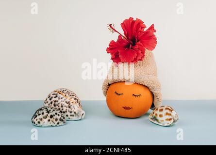 Download Pumpkin With Facial Mask And Towel On Yellow Background Copy Space Stock Photo Alamy PSD Mockup Templates