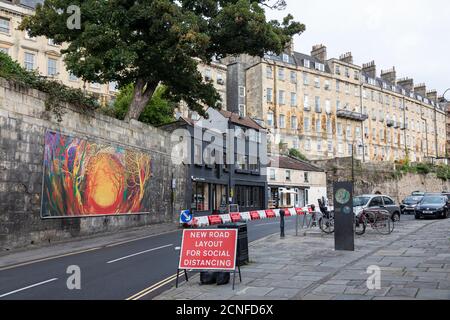 Social distancing methods in Walcot Street -The Artisan Quarter in the UNESCO World Heritage Site of  Bath, Covid 19, Somerset, England, UK Stock Photo