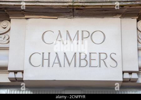 Sheffield,  UK – 30 Nov 2018 : Campo Chambers carved stone sign above the door at the law offices at Campo Lane Stock Photo