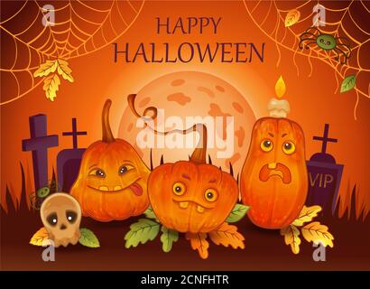 Happy Halloween holiday poster. Funny orange pumpkins, skull, spiders on moonlight background. Concept Trick or Treat. Hand drawn cartoon design Stock Photo