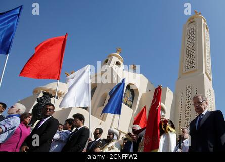Russian Ambassador to Egypt Sergei Kerbachenko (R), Coptic Christian priests, and members of Egypt's government take part in a march for peace before a mass for victims on the first anniversary of the Russian MetroJet plane crash, at the Cathedral of the Heavenly 'Al Samaaeen' in the Red Sea resort of Sharm el-Sheikh, Egypt October 31, 2016. REUTERS/Amr Abdallah Dalsh