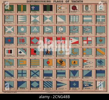 YACHT FLAGS. Turquoise Red Blue Yellow Green 1914 old antique print picture Stock Photo