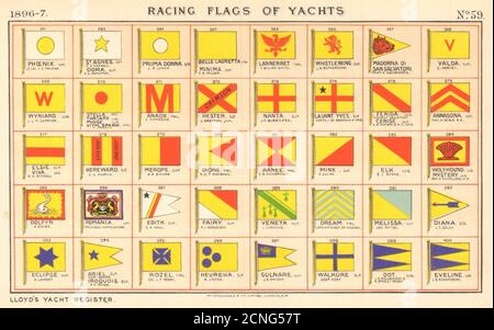 YACHT FLAGS White & Yellow. Red & Yellow. Yellow & Blue 1896 old antique print Stock Photo