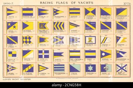 YACHT FLAGS Blue & Yellow. Blue & Turquoise 1896 old antique print picture Stock Photo
